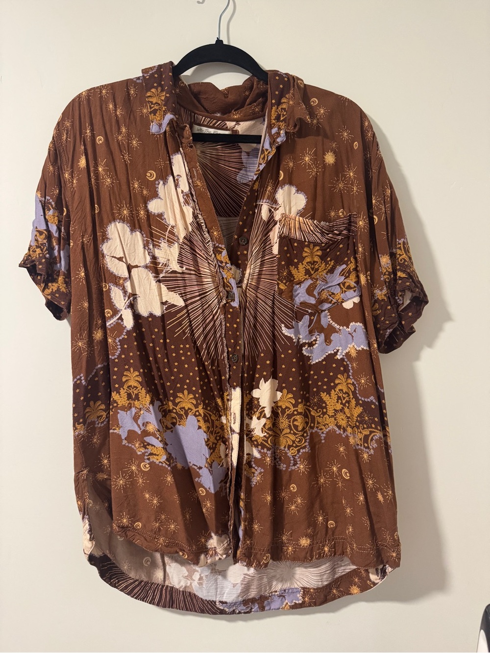 We The Free Brown Button-Down Shirt with Cream & Light Purple Print